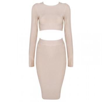 'Sila' nude two piece bandage jurk met lange mouwen 